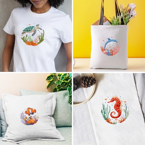INFUNLY 4 Sets Whale Embroidery Kits for Beginners DIY Cross Stitch Starter Kits with Turtles Seahorses Patterns Fish Sea Animals Embroidery Kits with Instructions Embroidery Cloth Hoops Threads Tools - style: Marine animals