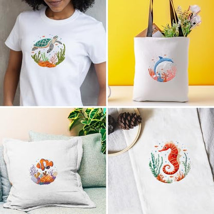 INFUNLY 4 Sets Whale Embroidery Kits for Beginners DIY Cross Stitch Starter Kits with Turtles Seahorses Patterns Fish Sea Animals Embroidery Kits with Instructions Embroidery Cloth Hoops Threads Tools - style: Marine animals