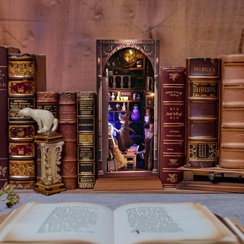 Magic Wizard Cat 3D Book Nook Kit, DIY Miniature House Booknook Dollhouse Kit for Adults and Teens, 3D Wooden Puzzle Bookend Bookshelf Insert Decor, Mini Magic House Model Build Gift - style: Magic Wizard Cat