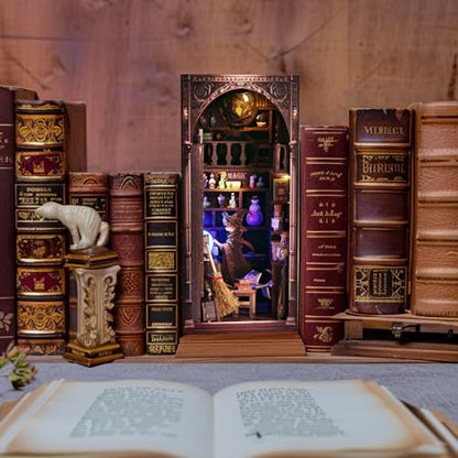 Magic Wizard Cat 3D Book Nook Kit, DIY Miniature House Booknook Dollhouse Kit for Adults and Teens, 3D Wooden Puzzle Bookend Bookshelf Insert Decor, Mini Magic House Model Build Gift - style: Magic Wizard Cat
