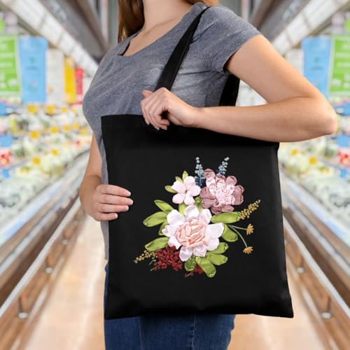 Canvas Tote Bag Silk Ribbon Embroidery Kit for Beginners Arts DIY Crafts Starter Kit Include Stamped Bag Threads Hoop - color: Color #2, Black Bag