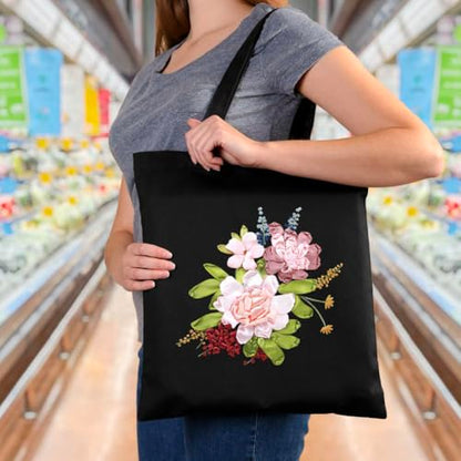 Canvas Tote Bag Silk Ribbon Embroidery Kit for Beginners Arts DIY Crafts Starter Kit Include Stamped Bag Threads Hoop - color: Color #2, Black Bag