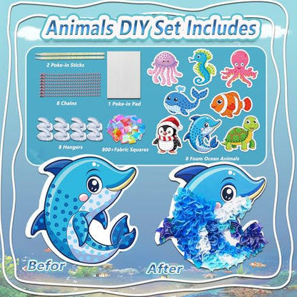 JRD&BS WINL Magical Ocean Animal Poke Art - Dolphin, Jellyfish, Seahorse, Turtle, Octopus, No-Mess Craft Kit for Kids 4-9,Marine Biology Learning Toy, Creative Gift for Preschoolers - style: marine life