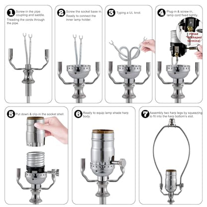 Lamp Making Kit,Make a Lamp or Repair Kit,3-Way Lamp Socket with Matching Cord Lamp Harp Set,Lamp Wiring Kit for Table Floor Lamp,Essential Hardware for DIY Lamp Design or Repair (Silver, 1) - style: Silver