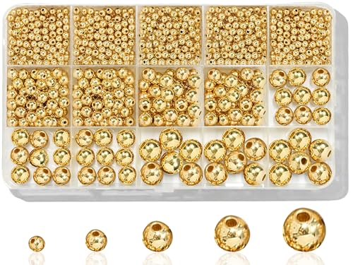 Laopottbeads 1225 Pcs Gold Beads with Oxidation-Resistant Finish, 4/6/8/10/12mm Round Beads DIY Kit for Bracelets, Earrings, Necklaces & Anklets - color: Golden, size: 4/6/8/10/12 mm, 1225 pcs