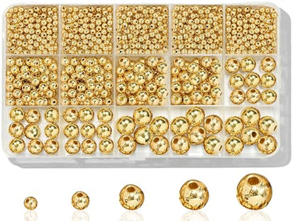 Laopottbeads 1225 Pcs Gold Beads with Oxidation-Resistant Finish, 4/6/8/10/12mm Round Beads DIY Kit for Bracelets, Earrings, Necklaces & Anklets - color: Golden, size: 4/6/8/10/12 mm, 1225 pcs