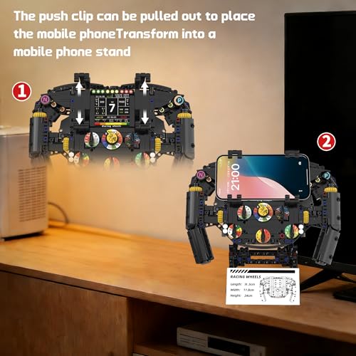 Racing Simulator Steering Wheel Building Set, Mechanical Formula Sim Cars Driving Collectible Model Kit with Moving Parts & Phone Holder for Boys 14+ Adults (Style 2) - color: Black