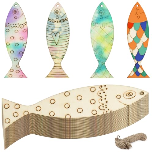 36Pcs Wooden Fish Decor Cutouts - 4 Styles DIY Crafts to Paint Shapes for Animal Decorations, Ornaments With Hemp Rope for Personalization