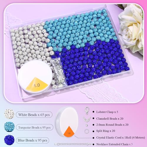 Dowarm 255PCS 10mm Rhinestone Beads for Baseball Rhinestone Necklace Bracelet Jewelry Making, Round Polymer Clay Beads for Crafts Beaded Pen, DIY Shamballa Pave Disco Bead, Turquoise|Blue|White - color: 05-Turquoise | Blue | White