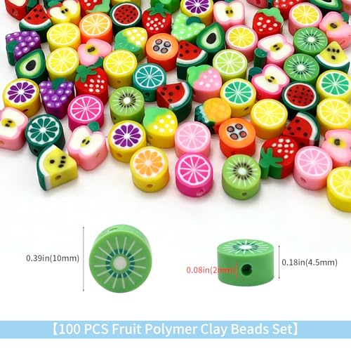100 pcs Fruit Polymer Clay Beads, VEINARDYL Colorful Mixed Fruit Charm Bead Kit,Cute Fruits Clay Bead for DIY Crafts Earring Necklace Bracelets Making - color: Fruit