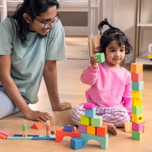LOVEVERY | The Block Set | Solid Wood Building Blocks and Shapes + Wooden Storage Box, 70 Pieces, 18 Colors, 20+ Activities, Toddler Block Set and Converts into a Pull Car, Ages 12 to 48+ months