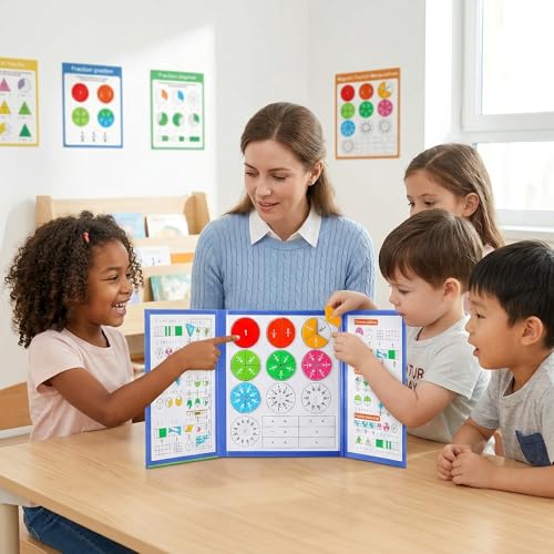 Montessori Magnetic Educational for Kids Visual Learners, Practical Fractions Demonstration Book with Circles and Tiles for Home School and Classroom (MID, Magnetic Fraction Puzzle)
