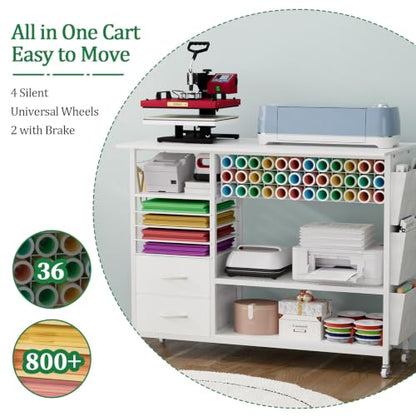 VENNQD Large Heat Press Table Stand, Rolling Heat Transfer Machine Desk Cart Drawers Compatible with Cricut Machines Vinyl Roll Holder DIY Organizer Crafting Table Workbench (White) - color: White
