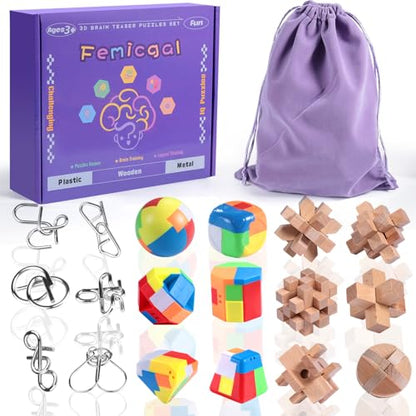 Brain Teaser Puzzles for Adults and Kids, 18Pcs Puzzle Games Set, 3D Wooden Plastic Metal Puzzle, Unlock Interlock Mind Brain Games, IQ Test Educational Toy - style: Medium-18PCS