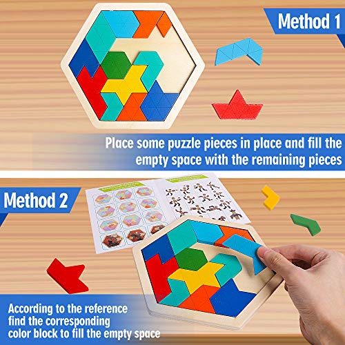 Wooden Hexagon Puzzle, Geometry Logic IQ Brain Blocks for Kids & Adults - style: Puzzle 2- Triangle Rainbow