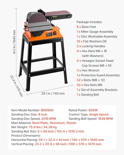 VEVOR Professional Belt Sander with Stand, 9" Disc & 6" x 48" Belt Sander Combo, 800W Sanding Machine with 0-45° Adjustable Worktable for Woodworking, Furniture Refinishing, Knife Sharpening - size: 9" Disc & 6" x 48" Belt Sander Combo
