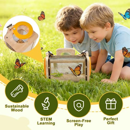 Wooden Bug Catcher Kit for Kids,10PCS Kids Bug Catching Kit with Bug Collector,Butterfly Net,Magnifying Glass,Toddler Bug Habitat Outdoor Explorer Kit Bug Collection,Nature Gift for Boys&Girls