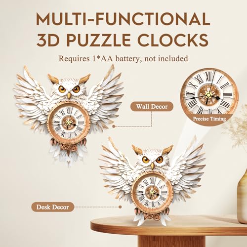 3D Puzzles for Adults Wooden Snowy Owl Clock Puzzle Adult Crafts - color: Snowy Owl Clock