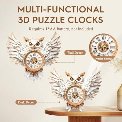 3D Puzzles for Adults Wooden Snowy Owl Clock Puzzle Adult Crafts - color: Snowy Owl Clock