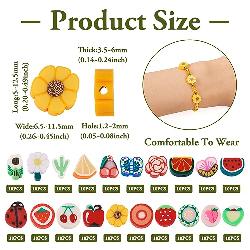 200Pcs Fruit Flower Clay Apple Strawberry Lemon Peach Watermelon Polymer Clay Daisy Cactus Butterfly Ladybug Clay Spacer Beads for DIY Bracelet Necklace Jewelry Making - color: Mixed Shape
