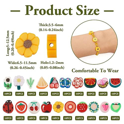 200Pcs Fruit Flower Clay Apple Strawberry Lemon Peach Watermelon Polymer Clay Daisy Cactus Butterfly Ladybug Clay Spacer Beads for DIY Bracelet Necklace Jewelry Making - color: Mixed Shape