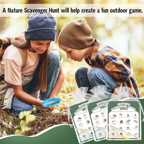 HyDren 45 Pcs 15 Set Nature Scavenger Hunt Game Kits, 15 Hunting Cards, 15 Magnifying Glass, 15 Pencils, 15 Organza Bags Family Camping Games Play for Nature Exploration Outdoor Activities Party Favor