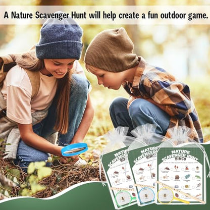 HyDren 45 Pcs 15 Set Nature Scavenger Hunt Game Kits, 15 Hunting Cards, 15 Magnifying Glass, 15 Pencils, 15 Organza Bags Family Camping Games Play for Nature Exploration Outdoor Activities Party Favor