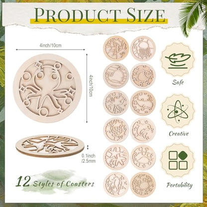 Reallnaive Wood Coasters Painting Kit DIY Craft, 12 Pcs, Sea Animal - style: Sea Animal