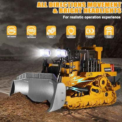 Remote Controlled Bulldozer, 9-Channel Metal RC Construction Vehicle Toy with Lights, Sound, and Rechargeable Battery, Remote Controlled Bulldozer Toy Gift for Kids Boys Girls Aged 4-12 (2.4 GHz) - style: Remote Controlled Bulldozer