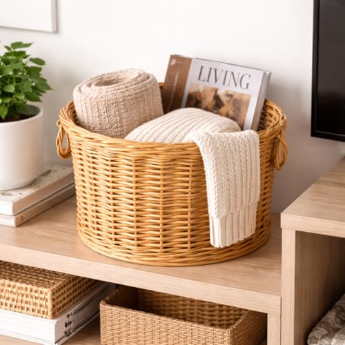 PEDDIG SHOP Two-Handle Storage Basket Weaving Kit – DIY Natural Rattan Craft Set with Pre-Drilled Wooden Base – Illustrated Instructions in English and Spanish – Practical Home Décor Organizer