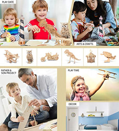 Puzzled 3D Puzzle Lighthouse Set Wood Craft Construction Model Kit, Fun & Educational DIY Wooden Toy Assemble Model Unfinished Crafting Hobby Puzzle to Build and Paint for Decoration 58 Pieces Pack