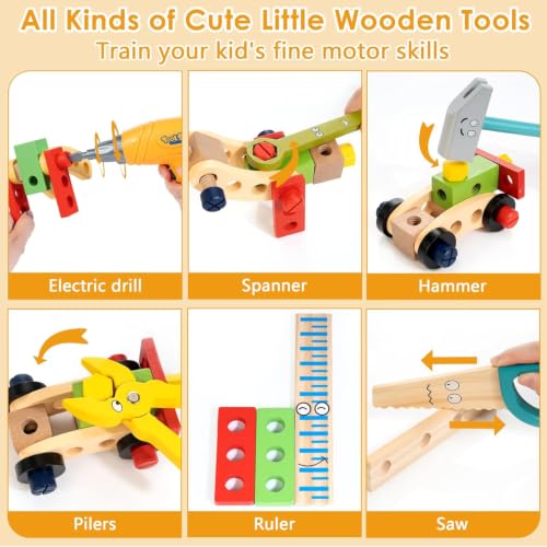 Kids Tool Set with Electric Drill, Montessori Wooden Toys for Boys Girls 3+