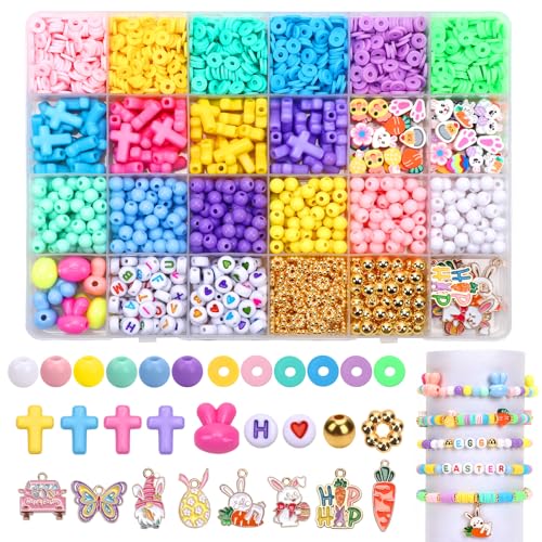 UPINS 2100+ Easter Beads for DIY Bracelet Making Jewelry Crafts Keychains - color: Pink Yellow Blue Purple Green