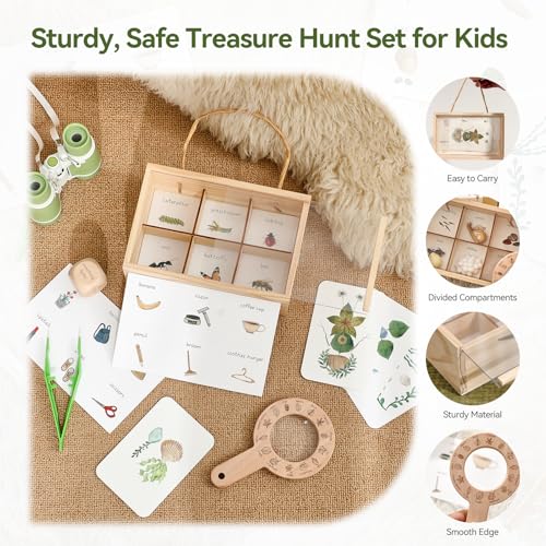 WOODEN TEETHER Kids Scavenger Hunt Play Set, 15pcs Treasure Hunt Kit with Binoculars, 10 Double-Sided Cards & Storage Box Indoor/Outdoor Exploration for Home, Backyard, Park