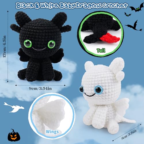 2PCS Dragons Crochet Kit for Beginners Crochet Starter Kit for Adults - color: Black White Dragon