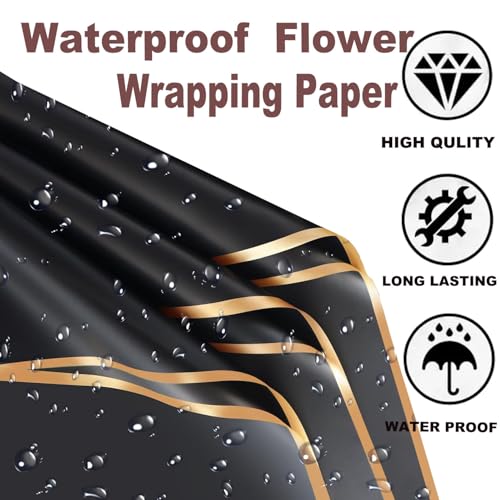 179Pcs Flower Wrapping Bouquet Paper Kit with 20 Sheets Black Floral Wrapping Paper,100 Pcs Diamond Bouquet Pins, 48Pcs 3D Gold Butterflies,1Roll Ribbon,10 Cards for Graduation Birthday Wedding DIY Craft