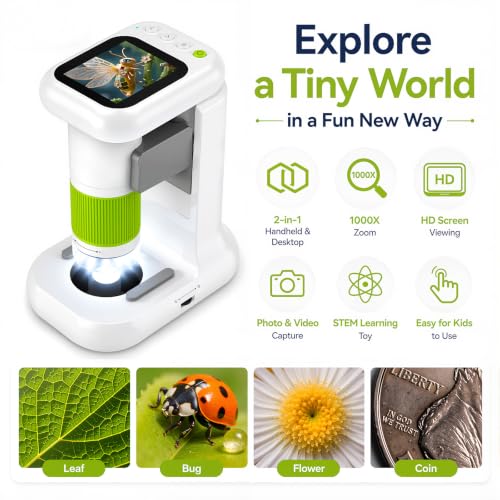 Microscope for Kids with 1080P 2.4" Screen, 2 in 1 Desktop & Handheld