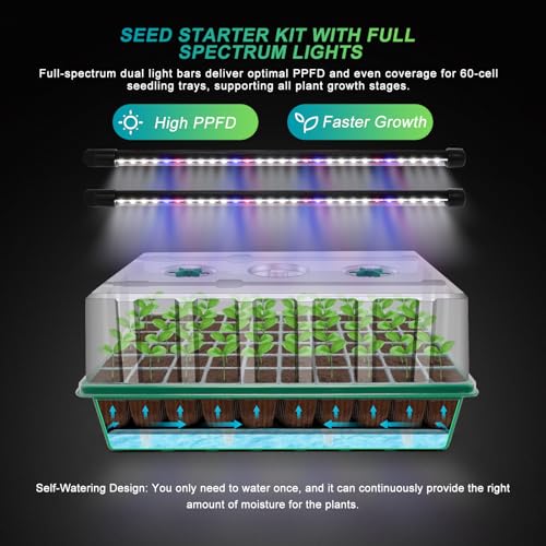 GOOINMILL Self-Watering Seed Starter Tray with Timed Grow Light, 60 Cells Plant Starter Tray Seedling Starter Kit with Humidity Domes Base Indoor Mini Greenhouse Plant Germination Trays - size: 60 Cells-1 PCS