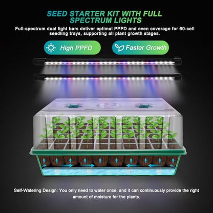GOOINMILL Self-Watering Seed Starter Tray with Timed Grow Light, 60 Cells Plant Starter Tray Seedling Starter Kit with Humidity Domes Base Indoor Mini Greenhouse Plant Germination Trays - size: 60 Cells-1 PCS