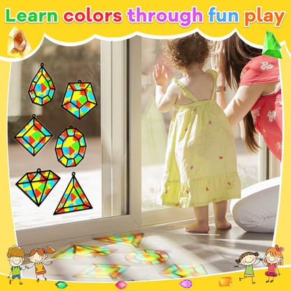 Lonfliness 32Sets Jewel Suncatchers Ornaments Kit DIY Window Stained Glass Effect Paper for Sun Catchers Craft Home Decor Creative Art Projects Activity Birthday Gift - style: Diamond