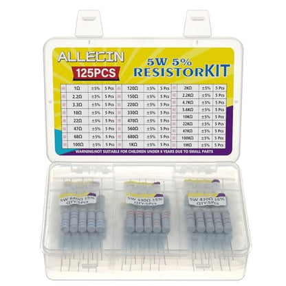 5W Carbon Film Resistor Kit from 1 Ohm to 1M Ohm 25 Values 5 Watt 5% Resistors Assortment - size: 5W