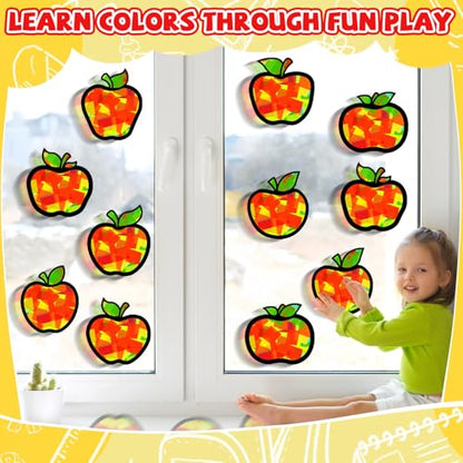 QOUBAI 32 Sets Apple Suncatchers Craft Kit DIY Window Stained Glass Effect Fall Apples Paper Craft for Home School Classroom Decor Kid Birthday Gifts Creative Art Projects Activity Game - style: Apple