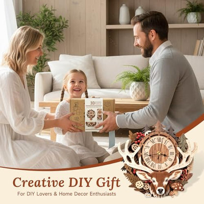 3D Wooden Puzzle for Adults - Forest Deer Clock - color: Forest Deer