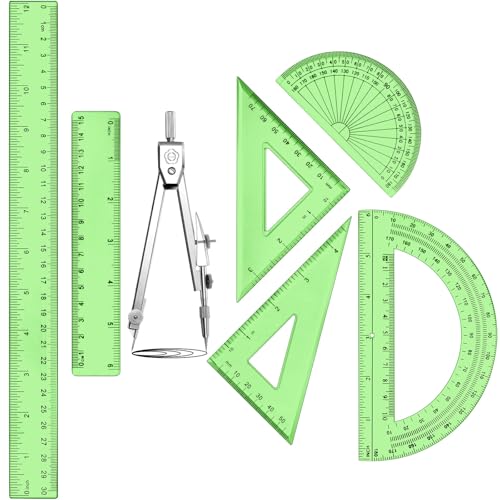 Zonon 7 Pcs Geometry Set with Drawing Compas, 6&4 Inch Protractors, Green - color: Green