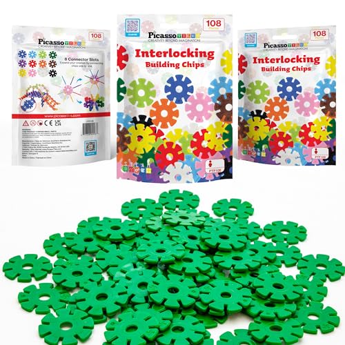 PicassoTiles Building Chip Interlocking Disc Construction Blocks in Green Color STEM Learning Early Education Toy Engineering Playset Child Brain Development for Toddlers Girls Boys Kids Age 3+ PTF108 - color: Grn
