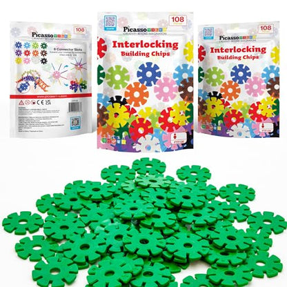 PicassoTiles Building Chip Interlocking Disc Construction Blocks in Green Color STEM Learning Early Education Toy Engineering Playset Child Brain Development for Toddlers Girls Boys Kids Age 3+ PTF108 - color: Grn