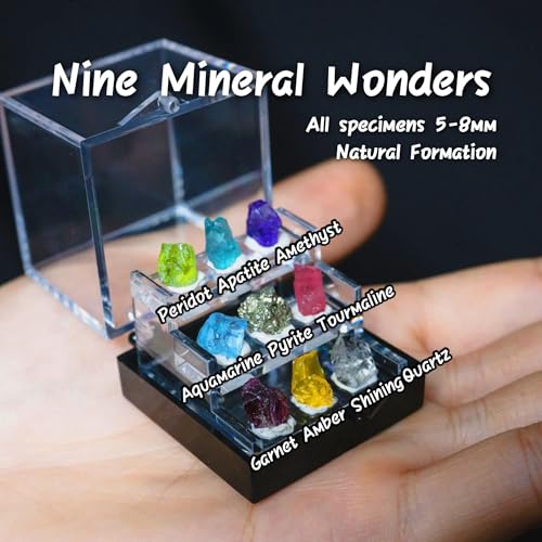 9 Rare Natural Gemstone Collection Gift Box-Peridot, Apatite & 7 Exquisite Minerals-Square Acrylic Tiered Display Case - Ideal Birthday & Christmas Gifts for Mineral Enthusiasts,Geography Enthusiast