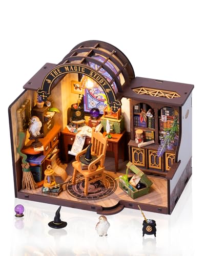 Rowood Magic Study Miniature House Kit, DIY Miniature Dollhouse Kits for Adults, Wizard Mini House Craft Kits for Women with LED, Halloween Christmas Birthday Gift for Adults (The Magic Study) - style: The Magic Study