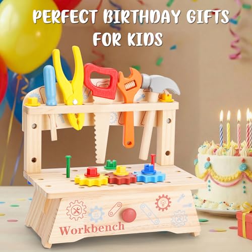 REXBETI Kids Tool Set, Wooden Toddler Tool Bench, Pretend Construction Kit