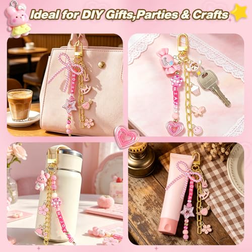 Ecoofor 707 Pcs Lip Gloss Beaded Keychain Making Kits, Pink DIY Bag Charm Kit, 78.8 Inch Chains, Key Chain Hooks, Jump Rings, Lobster Clasps, 452 Charms & Letter Beads, Tools & Gift Bags - color: Gold - 707 Pcs Kit